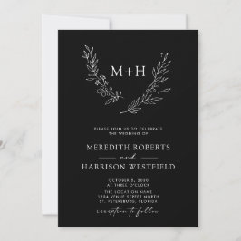 Invitación Monograma Wreath Código QR Boda blanco negro