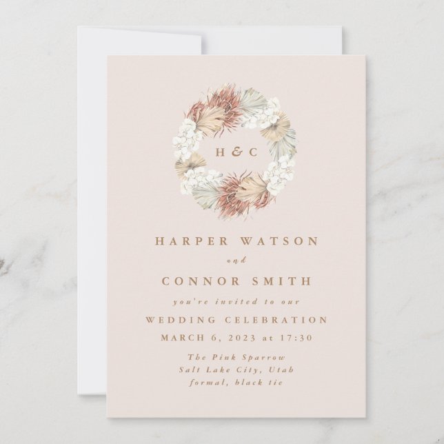 Invitación Monograma Wreath Pampas Grass Floral Tropical Rubo (Anverso)