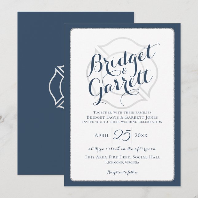 Invitación Monograma y texto del diseñador de bomberos (Anverso / Reverso)