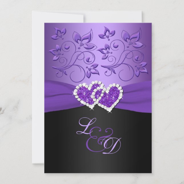 Invitación monogramada a corazones unidos morado y (Anverso)