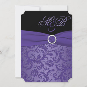 Invitación monogramada a Damasco morado y negro
