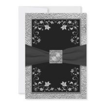 Invitación Monogramada a Floral de Pewter y Negro