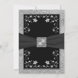 Invitación Monogramada a Floral de Pewter y Negro