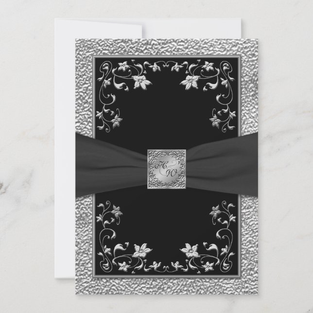 Invitación Monogramada a Floral de Pewter y Negro (Anverso)