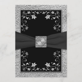 Invitación Monogramada a Floral de Pewter y Negro