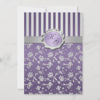 Invitación monogramada a rayas florales grises