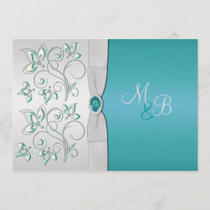 Invitación monogramada Aqua Blue y Silver
