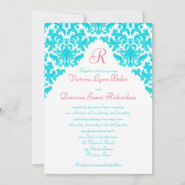 Invitación monogramada Aqua, White, Red Damask