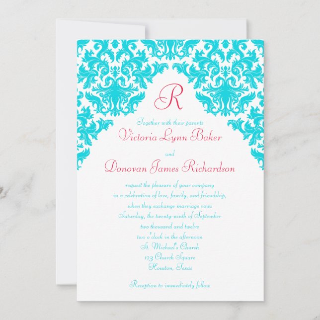 Invitación monogramada Aqua, White, Red Damask (Anverso)