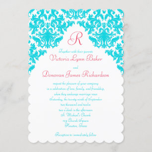 Invitación monogramada Aqua, White, Red Damask