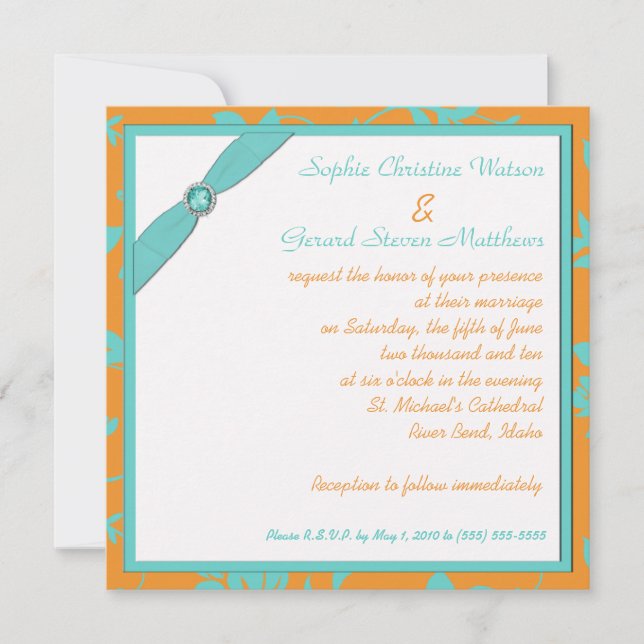 Invitación monogramada de Aqua y Tangerine Square (Anverso)