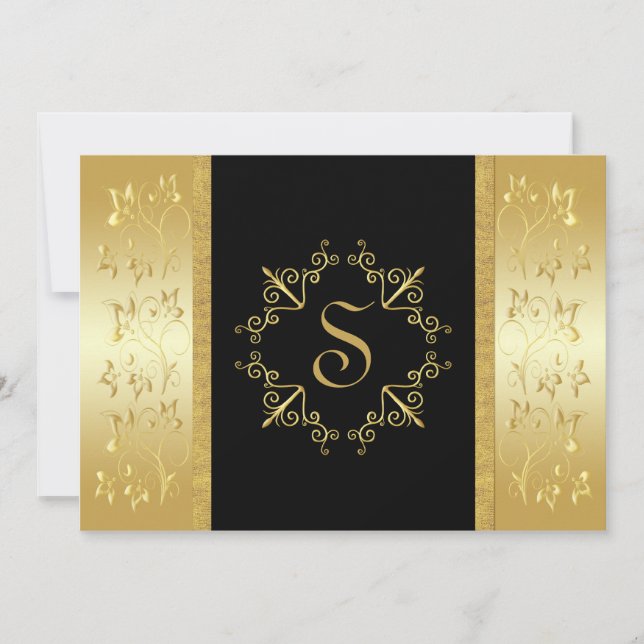 Invitación monogramada floral en negro y oro (Anverso)