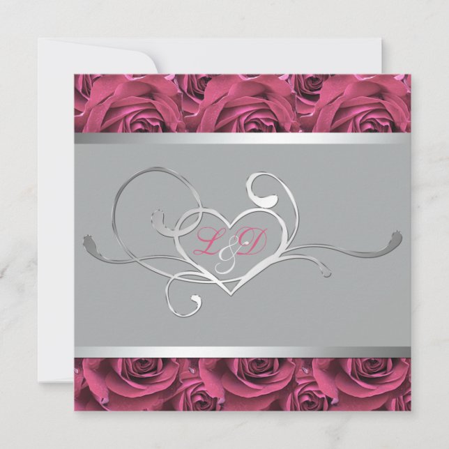 Invitación monogramada gris con rosas rosadas (Anverso)