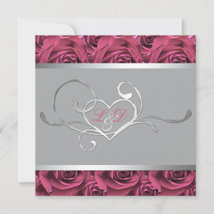 Invitación monogramada gris con rosas rosadas
