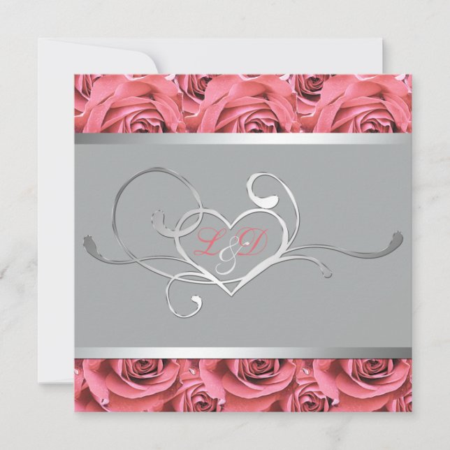 Invitación monogramada gris con rosas rosadas de c (Anverso)