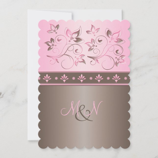 Invitación monogramada Mocha y Floral Rosa (Anverso)