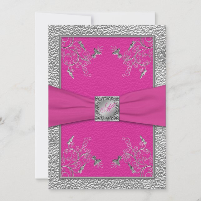 Invitación monogramada rosa frambuesa y marrón (Anverso)