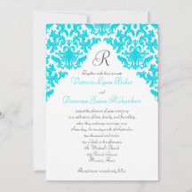 Invitación monogramada turquesa, blanca y negra