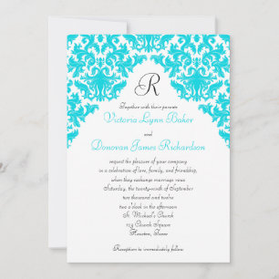 Invitación monogramada turquesa, blanca y negra