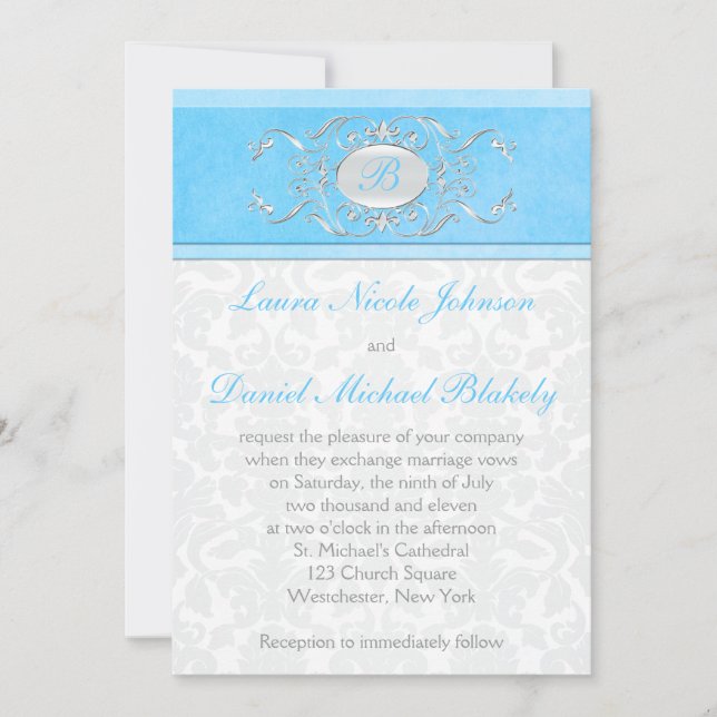 Invitación Monogramado de Damasco azul, blanco y gris (Anverso)