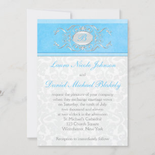 Invitación Monogramado de Damasco azul, blanco y gris