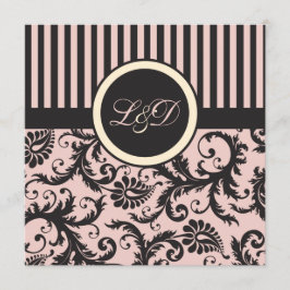 Invitación Monogramado Rubor Pink, Cream, Gray Stripe Damask