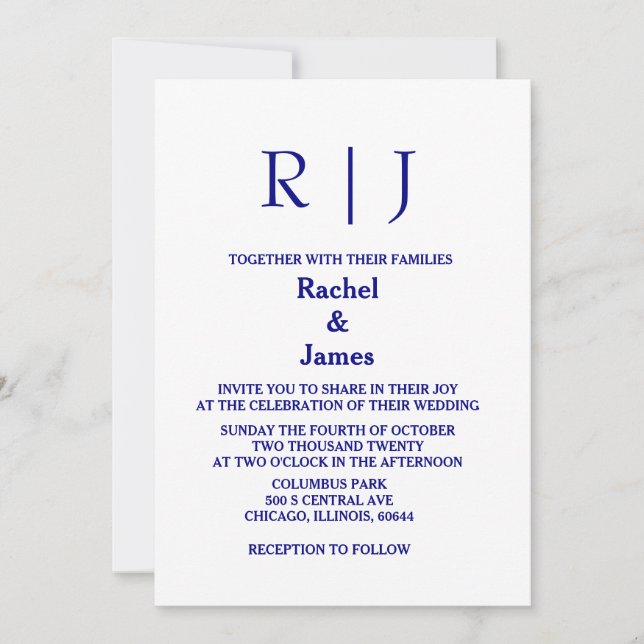 Invitación Monogramas azul de la marina Boda minimal simple e (Anverso)