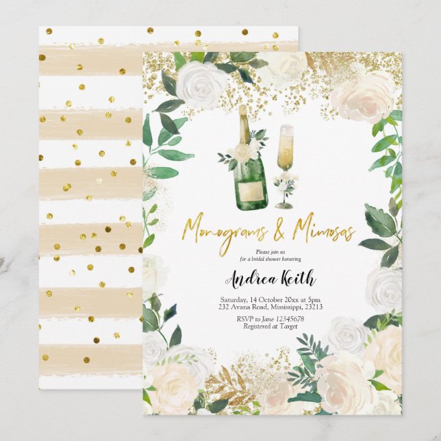 Invitación Monogramas de Flora Blanca y Ducha Bridal de Mimos (Anverso / Reverso)