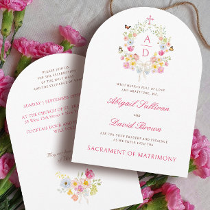 Invitación Monogramas de flores vívidas para boda católica