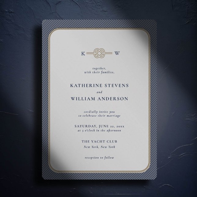 Invitación Monogramas de Knot Infinity Nautical Elegant Weddi (simple beach wedding invitation nautical rope infinity knot white navy modern classic stripes)