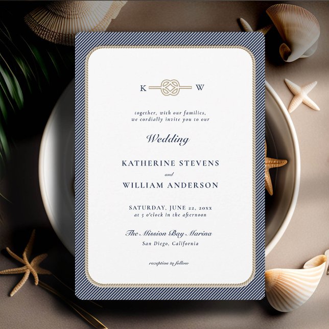 Invitación Monogramas de Knot náutica elegante Boda de Tan (simple beach wedding invitation nautical rope infinity knot navy tan modern classic minimalist)