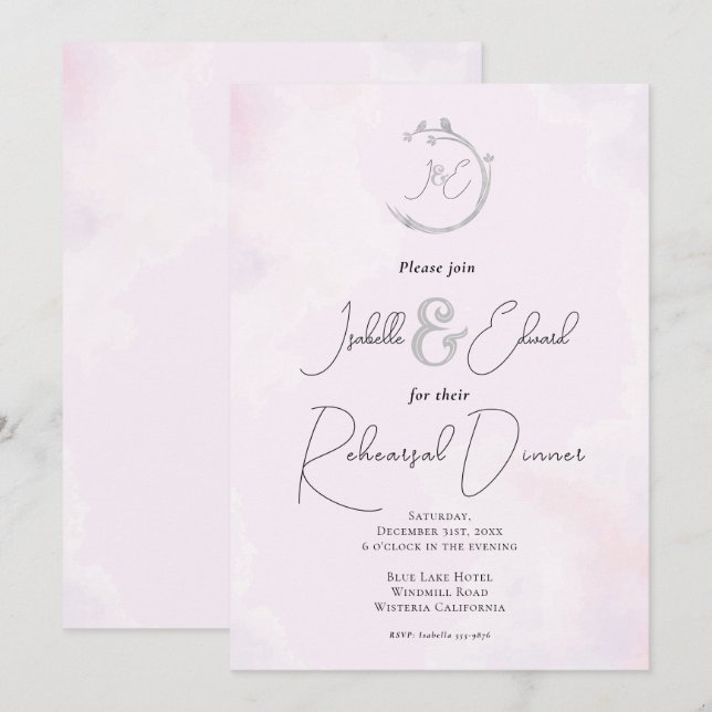 Invitación Monogramas de pájaros de amor gris acuarela rosa r (Anverso / Reverso)
