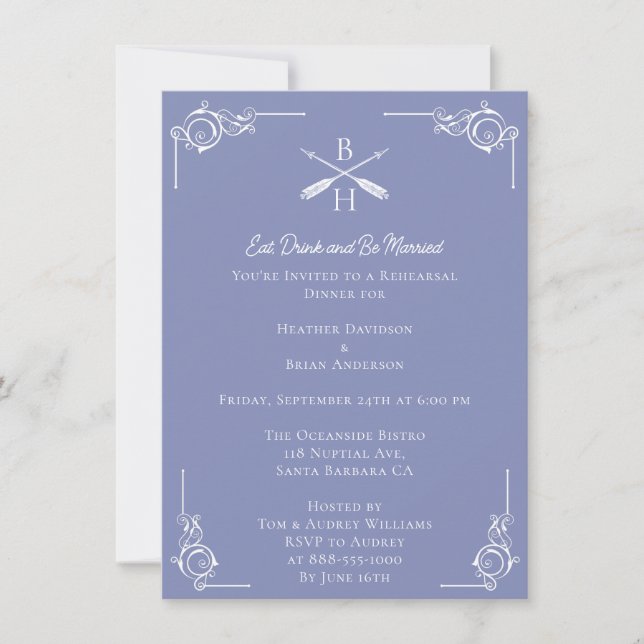 Invitación Monogramas de perwinkle y cenas de ensayo en flech (Anverso)