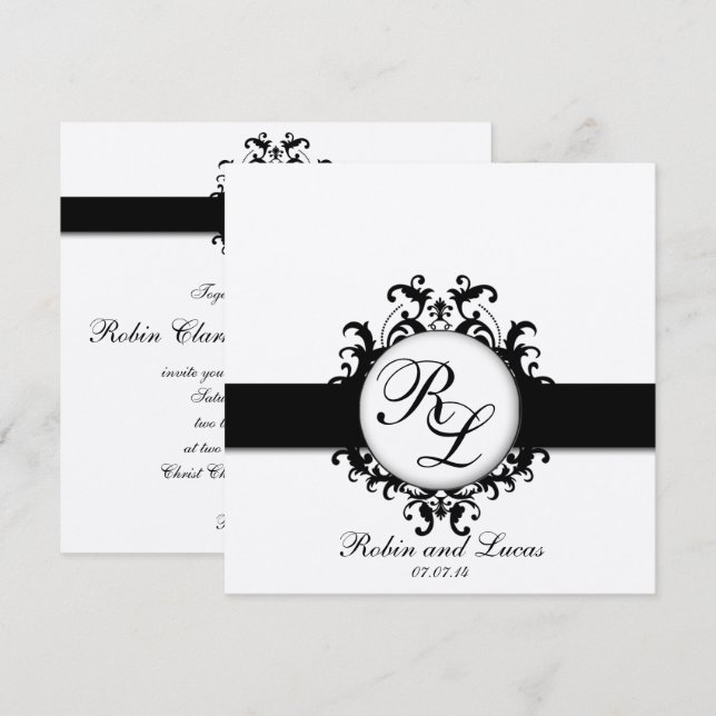 Invitación Monogramas elegantes del damasco que casan el (Anverso / Reverso)