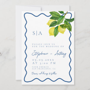 Invitación Monogramas Limón Cítrico, Onda Azul Borde Boda