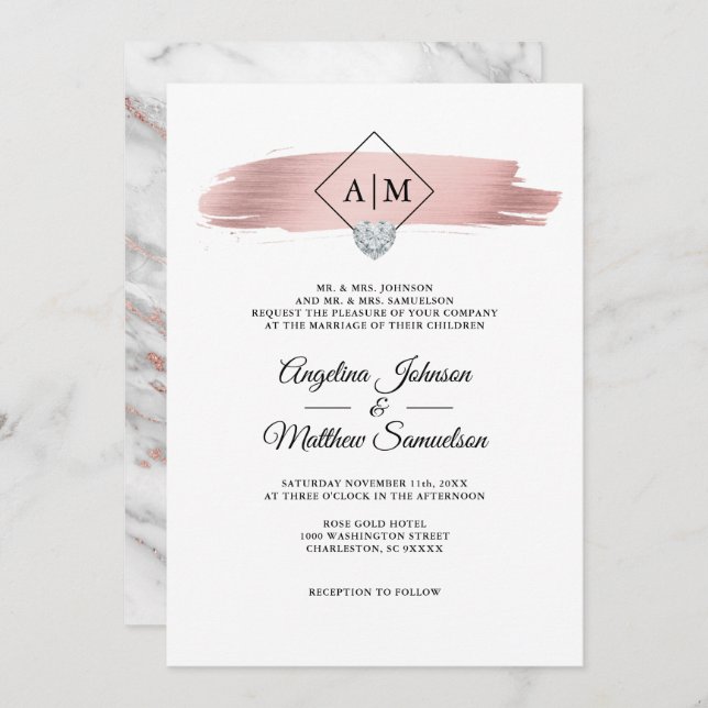 Invitación Monogramas modernos Rosa Boda de Corazón de Mármol (Anverso / Reverso)