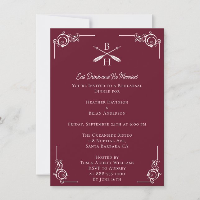 Invitación Monogramas rojos y flechas ensayando la cena (Anverso)