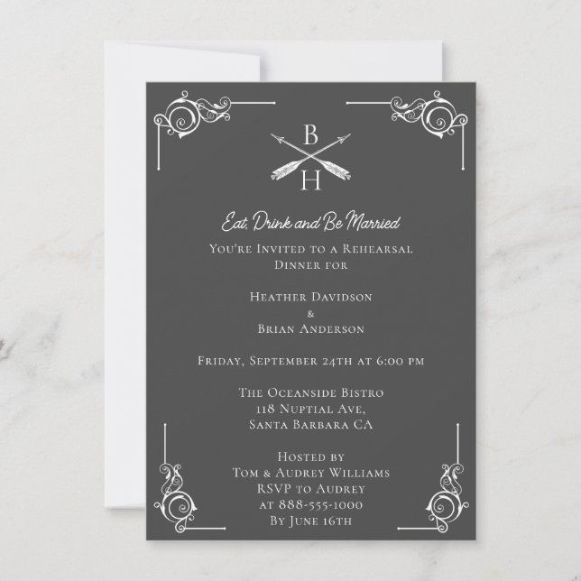Invitación Monogramas y flechas grises ensayar la cena (Anverso)