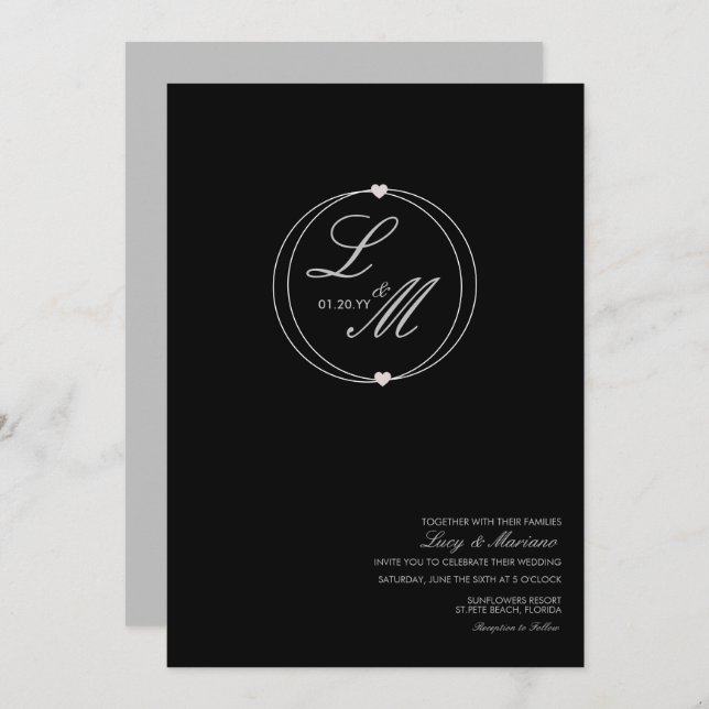 Invitación Monogramed Elegant Script Circular Heart Boda (Anverso / Reverso)
