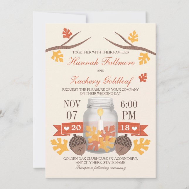 Invitación Monogramed Fall Leaf Mason Jar Boda (Anverso)