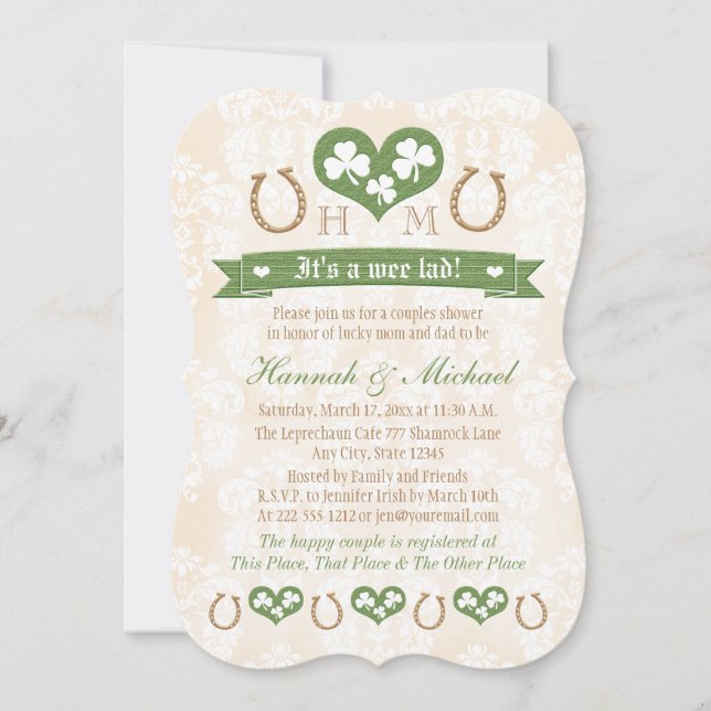 Invitación Monogramed Horseshoe Shamrock Couples Baby Shower (Anverso)