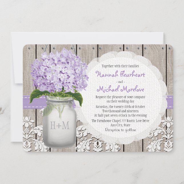 Invitación Monogramed Mason Jar Purple Hydrangea Boda (Anverso)
