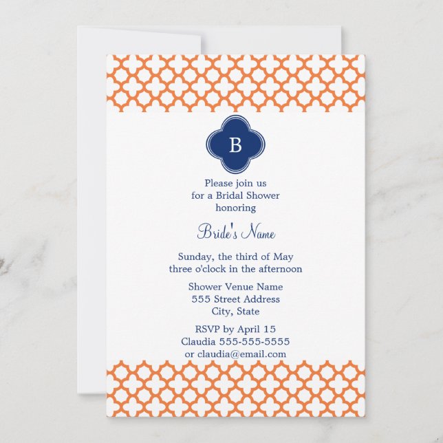 Invitación Monogramed Naranja, Royal Blue Quatrefoil Bridal (Anverso)
