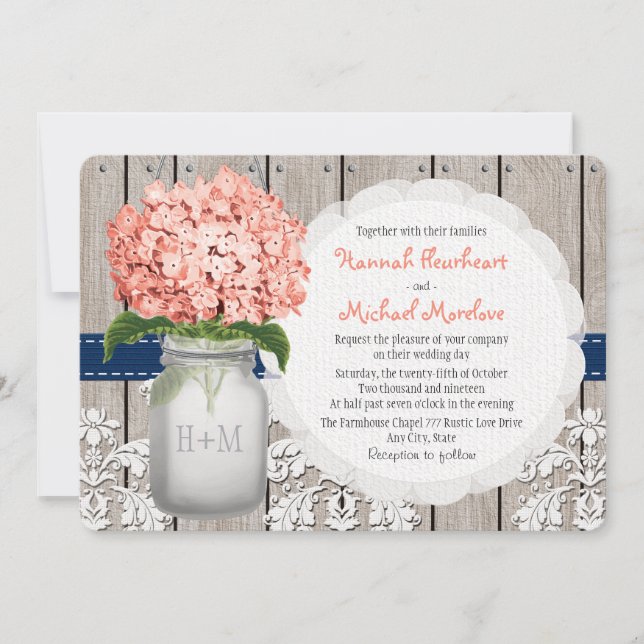 Invitación Monogrammed Mason Jar Coral Navy Hydrangea Boda (Anverso)