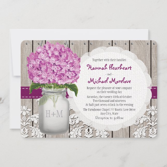 Invitación Monogrammed Mason Jar Plum Hydrangea Boda (Anverso)