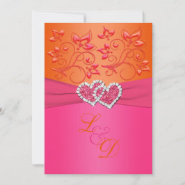 Invitación Monogramo Rosa, Naranja Floral, Corazones unidas I