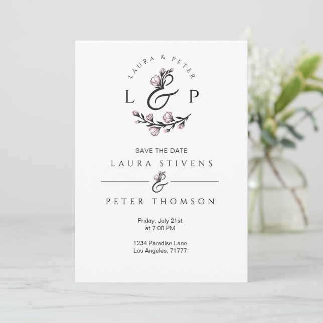 Invitación Monogramos de boda con ampersand floral (Anverso de pie)