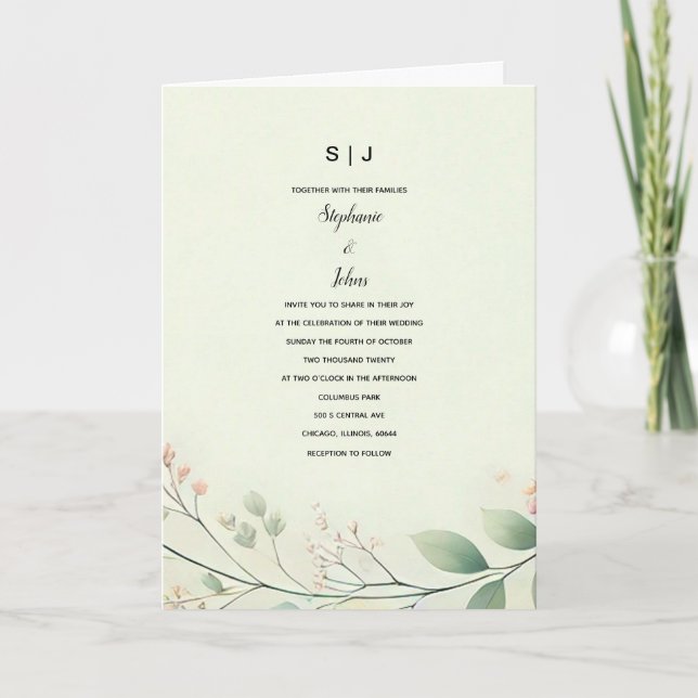 Invitación Monogramos hojas florales Boda verde beige sage (Anverso)