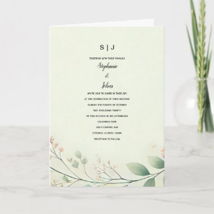 Invitación Monogramos hojas florales Boda verde beige sage