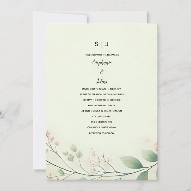 Invitación Monogramos hojas florales sage Boda beige verde (Anverso)
